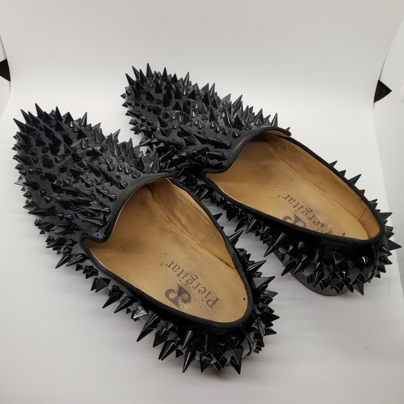 Piergitar Shiny Black Spikes Red Bottom Loafers - Picture 3 of 14